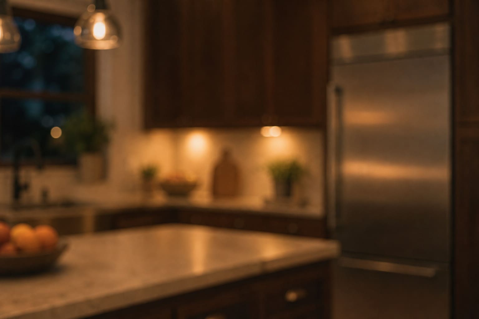 Cozy Campbell kitchen in the evening with warm under-cabinet light