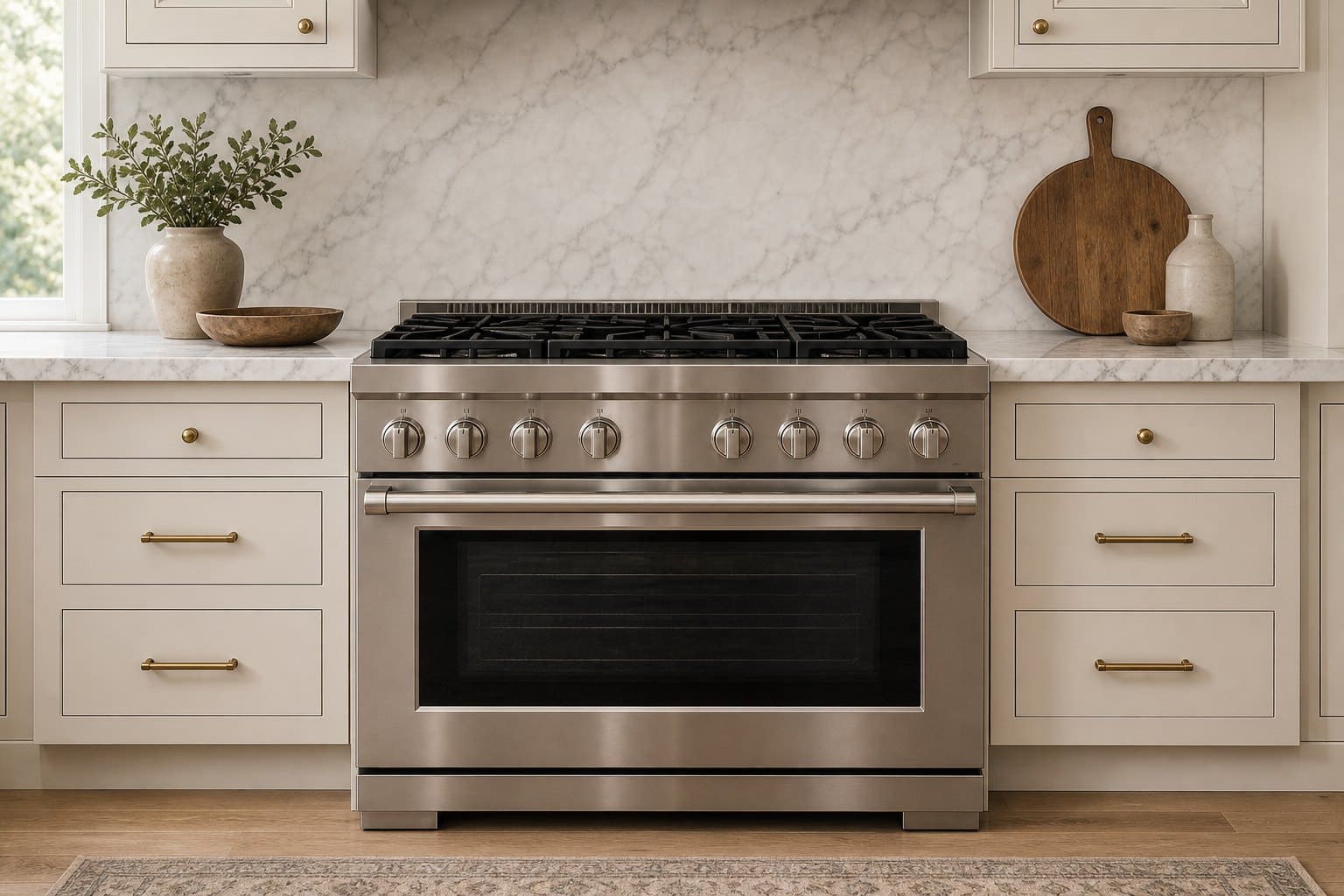 GE Monogram built-in refrigerator and range in a Campbell kitchen