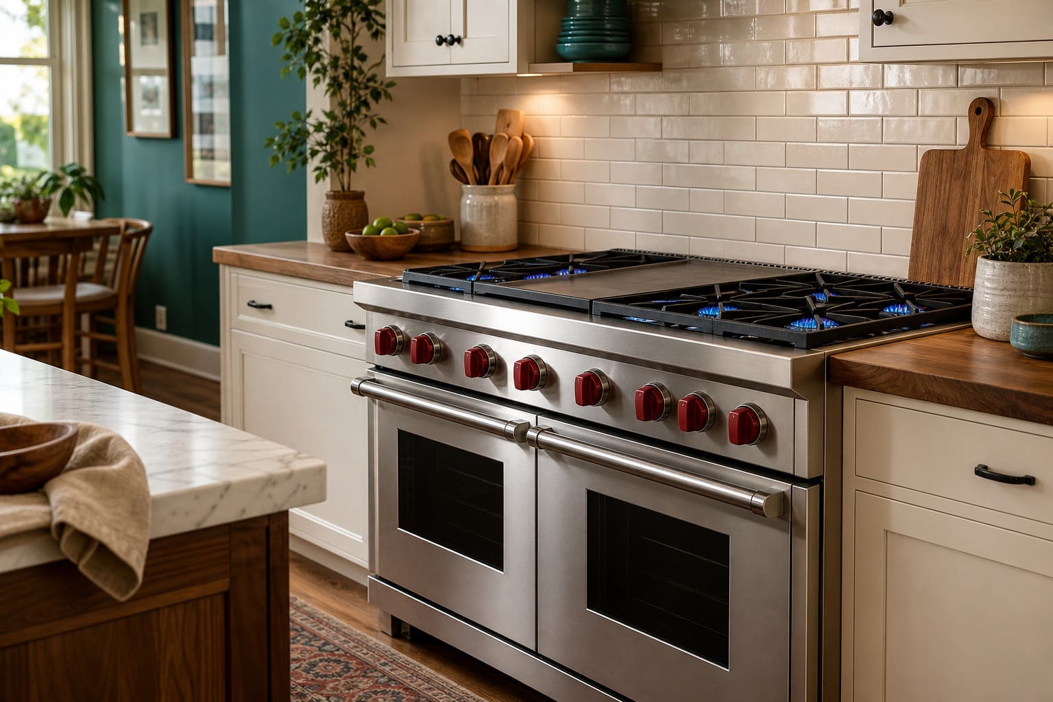 Stainless Wolf range with red knobs in a remodeled Campbell kitchen