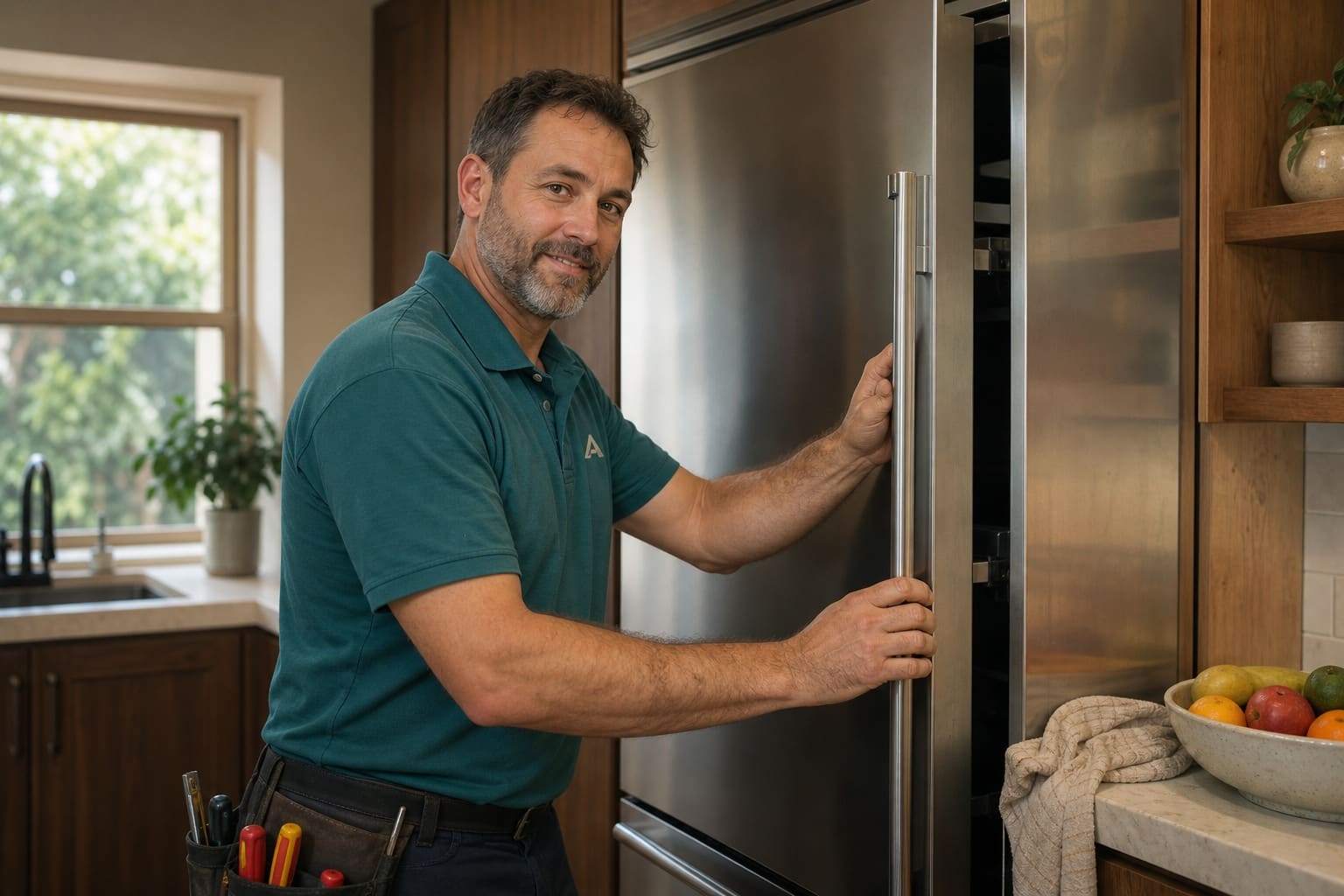 Sub-Zero Campbell technician opening a built-in refrigerator in a warm Campbell kitchen