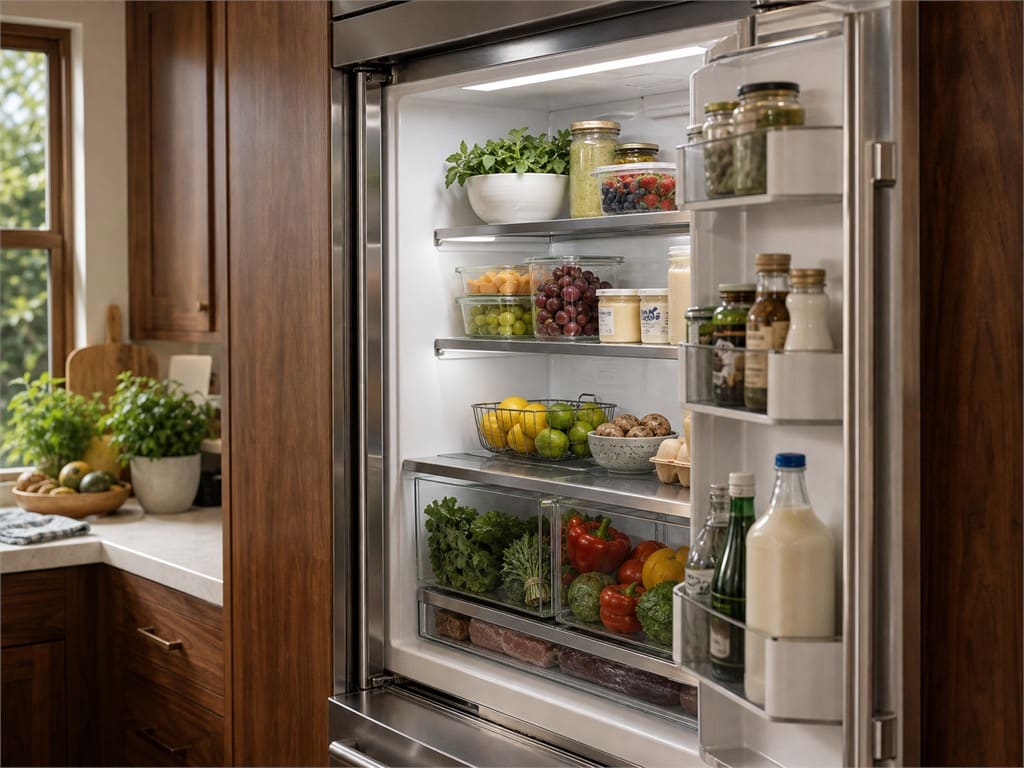 Open built-in Sub-Zero refrigerator full of fresh food in a warm Campbell kitchen
