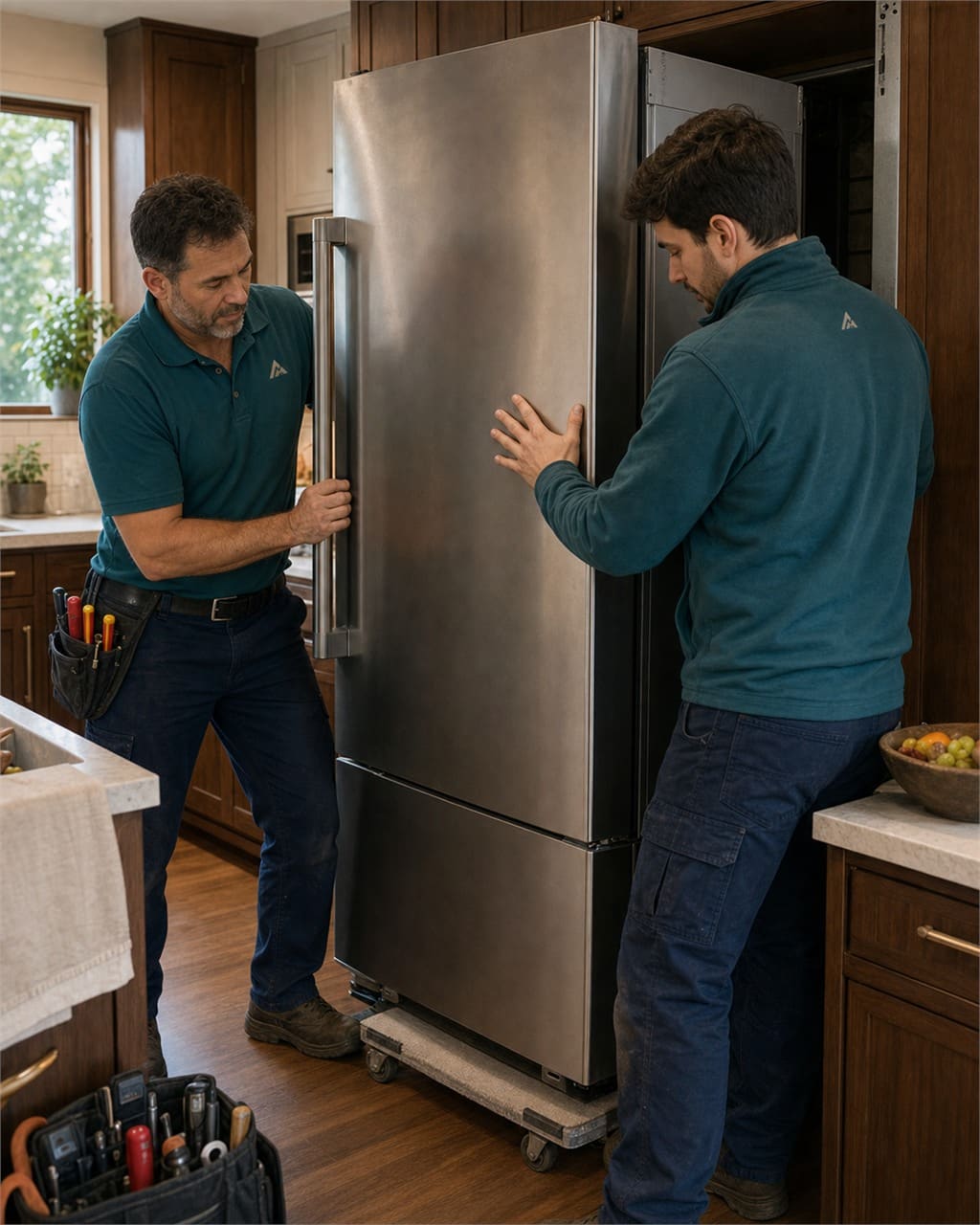 Two Sub-Zero Campbell technicians carefully sliding a built-in refrigerator out of its cabinet